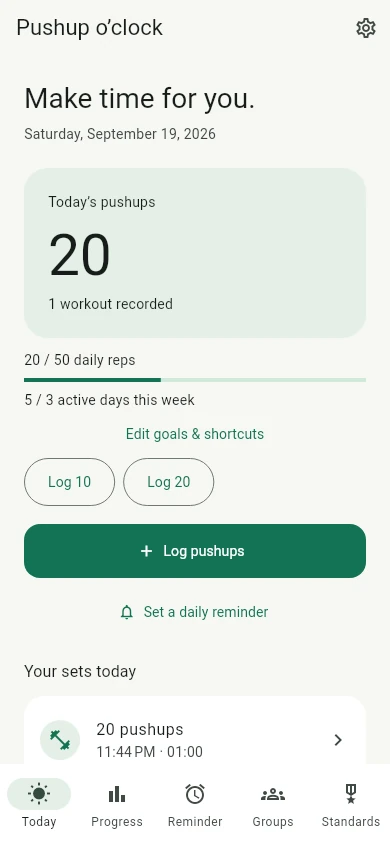 Pushup o’clock Today screen with a daily rep goal, quick-log shortcuts, and a reminder link.